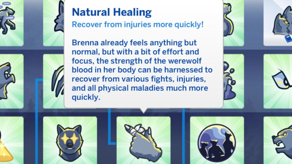 A screenshot from The Sims 4 showing the natural healing werewolf ability