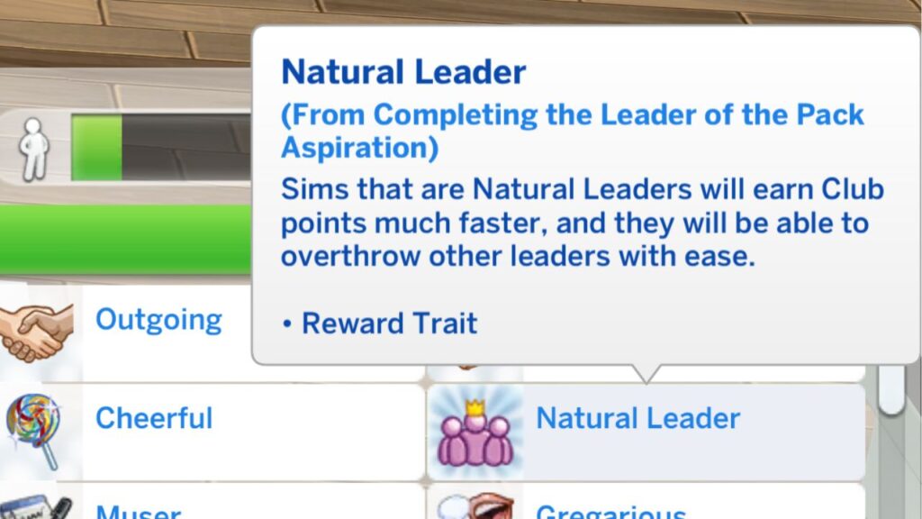 A screenshot from The Sims 4 showing the Natural Leader trait from the leader of the pack aspiration 
