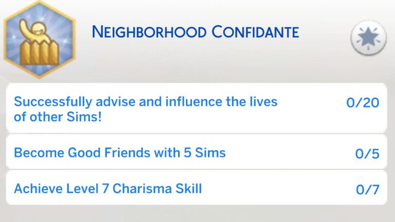 A screenshot from The Sims 4 showing the first stage of the neighborhood confidante aspiration