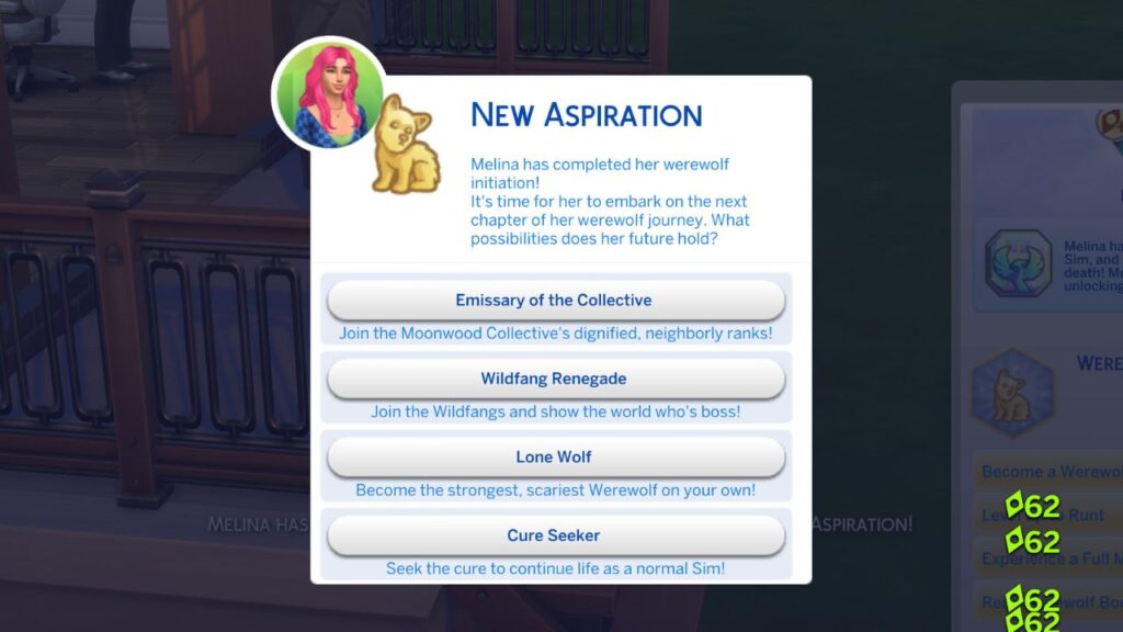 A screenshot from The Sims 4 showing the option to choose a new werewolf aspiration after finishing the sims 4 werewolf initiate aspiration