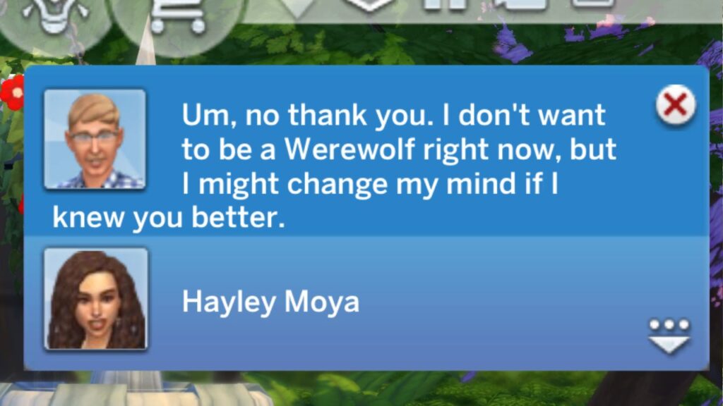 A screenshot from The Sims 4 showing the notification you get with a sim who isn't your friend when you ask them to become a werewolf