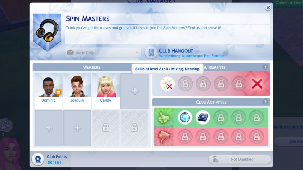 A screenshot from The Sims 4 showing the information page for the Spin Masters Club