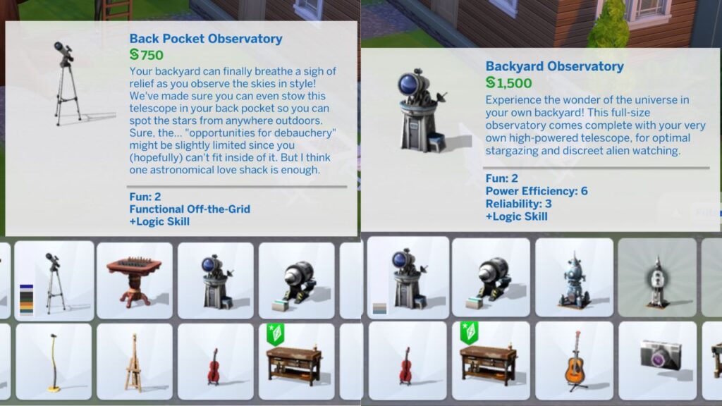 A screenshot from The Sims 4 showing the two options for a telescope