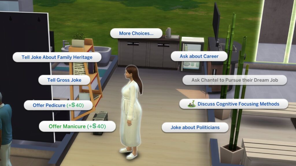A screenshot from The Sims 4 showing the option to offer a sim a manicure 