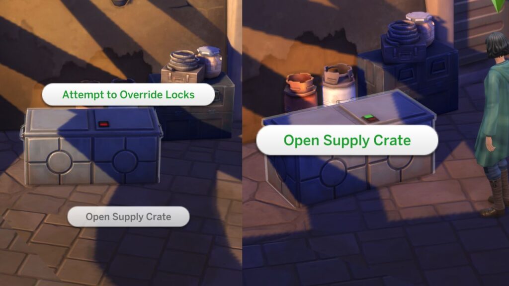 A screenshot from The Sims 4 showing how to open a supply crate in black spire outpost 