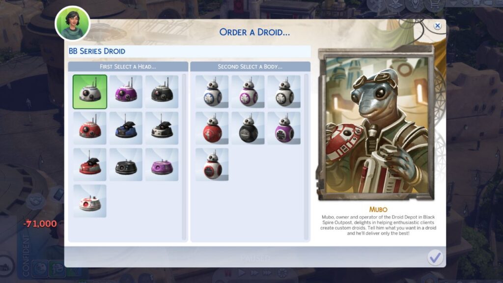 A screenshot from The Sims 4 showing the menu to order a BB series Droid 