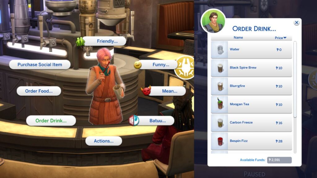 A screenshot from The Sims 4 showing how to order a drink at Oga's Cantina