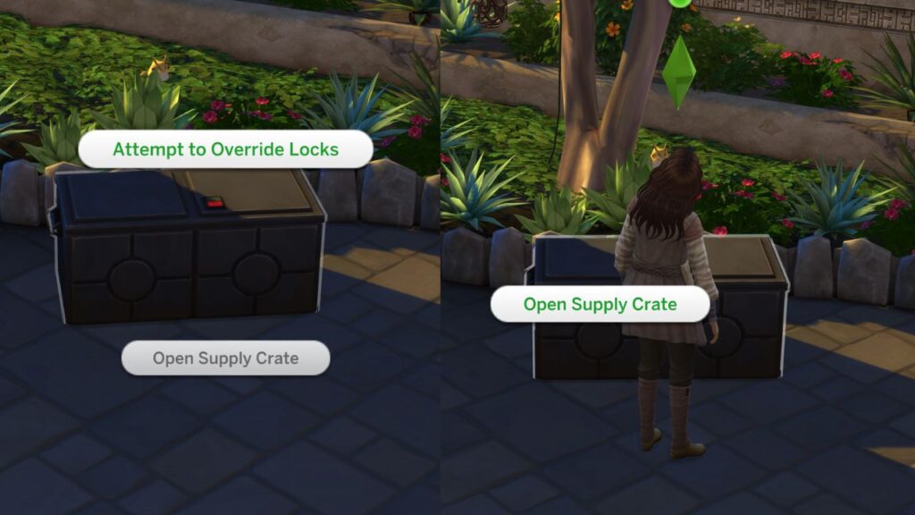 A screenshot from The Sims 4 showing the option to attempt to override locks on a supply crate in the first order