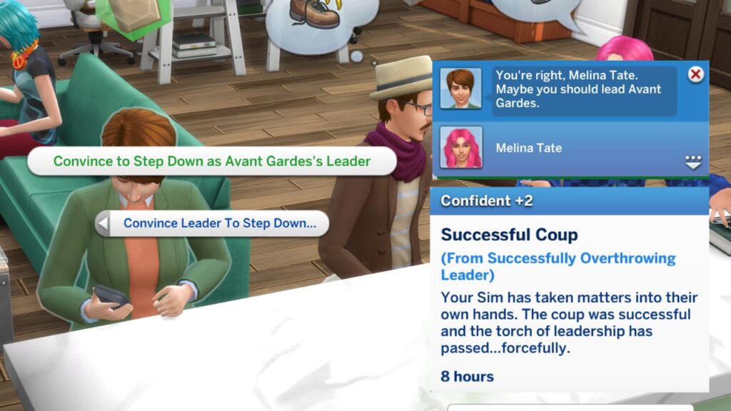 A screenshot from The Sims 4 showing the way to overthrow a club leader and the notification and moodlet you get when it succeeds 