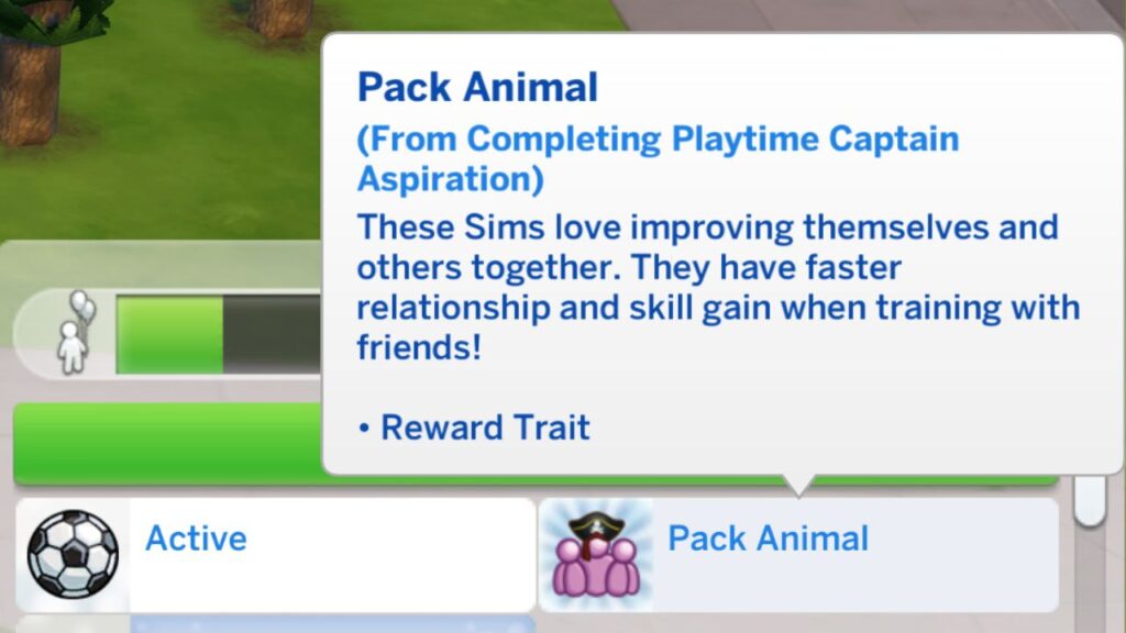 A screenshot from The Sims 4 showing the pack animal reward trait