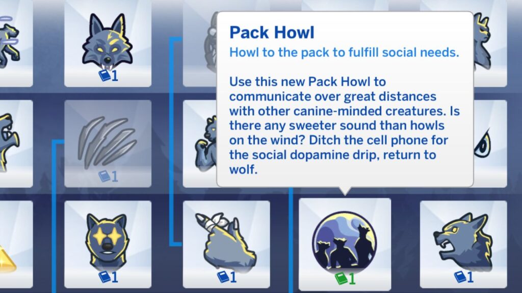 A screenshot from The Sims 4 showing the pack howl werewolf ability