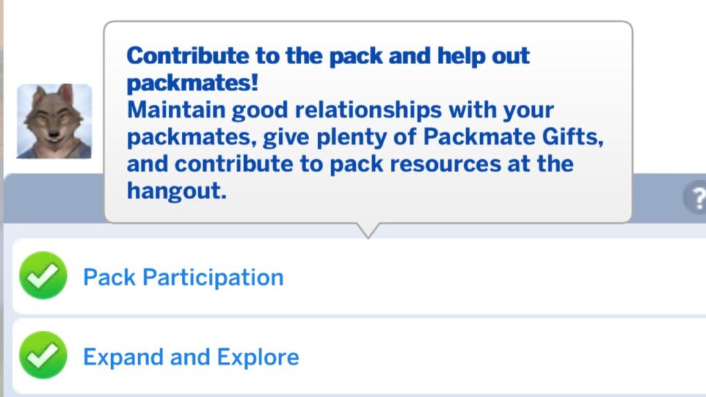 A screenshot from The Sims 4 showing the pack participation requirements for wild fangs