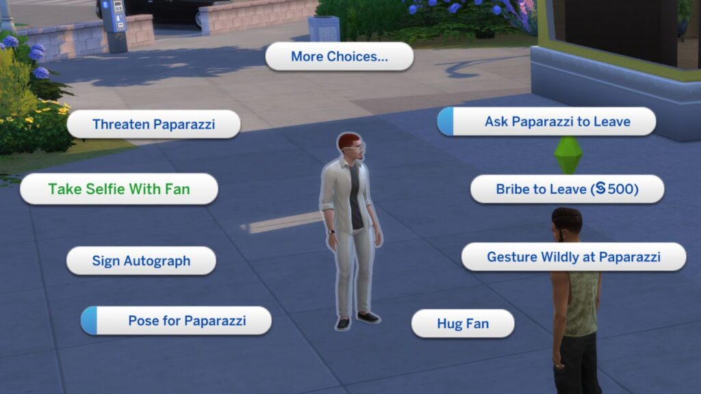 A screenshot from The Sims 4 showing the options to deal with paparazzi when famous 