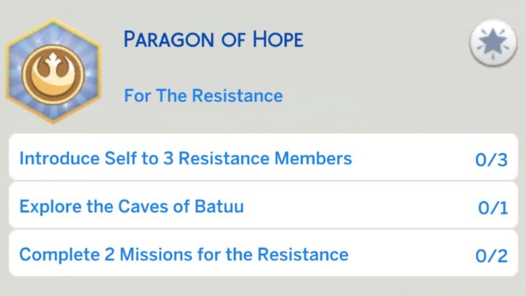 A screenshot from The Sims 4 showing the first stage of the paragon of hope aspiration