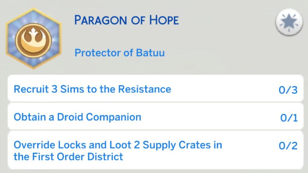 A screenshot from The Sims 4 showing the second stage of the paragon of hope aspiration