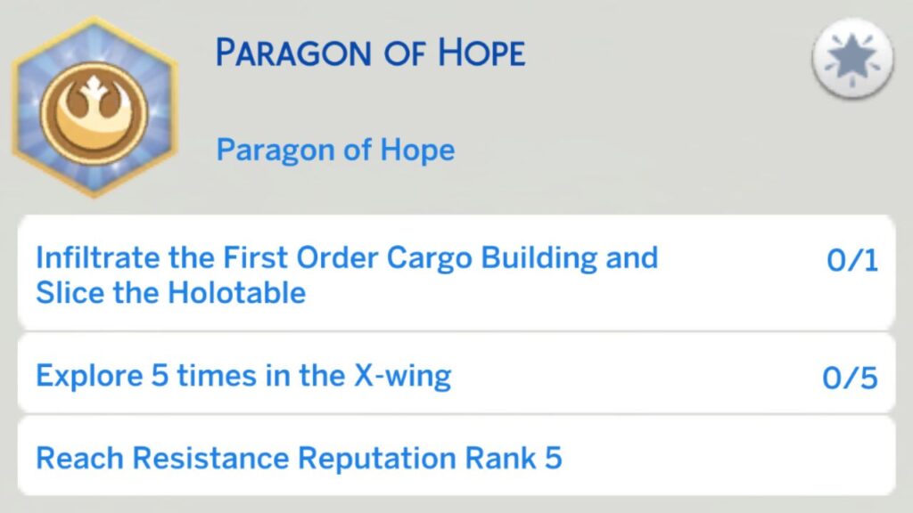 A screenshot from The Sims 4 showing the third stage of the paragon of hope aspiration
