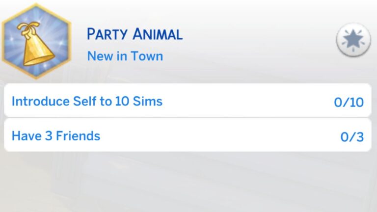 A screenshot from The Sims 4 showing the first stage of the party animal aspiration