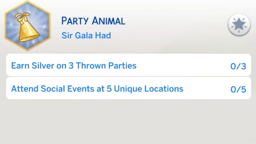 A screenshot from The Sims 4 showing the third stage of the party animal aspiration