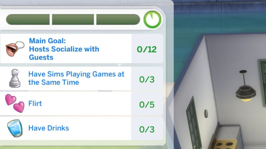 A screenshot from The Sims 4 showing party tasks for a house party