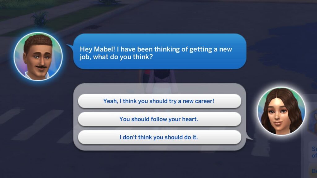 A screenshot from The Sims 4 showing a phone call from a sim asking for advice