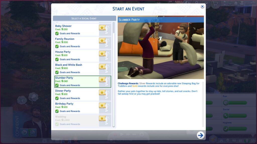 A screenshot from The Sims 4 showing the option to start a slumber party event