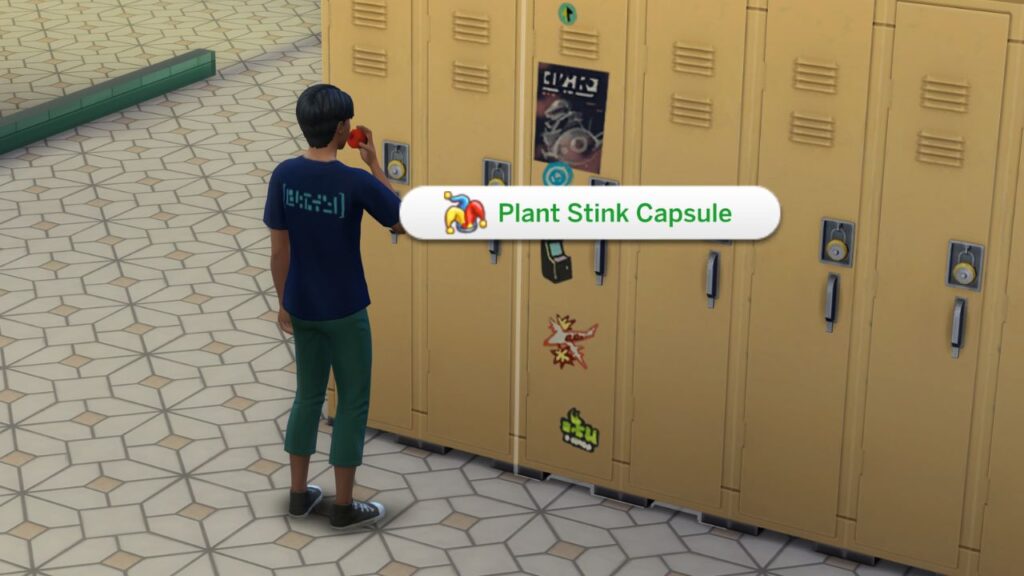 A screenshot from The Sims 4 showing how a sim can plant a stink capsule in a locker