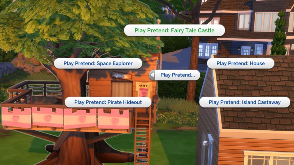 A screenshot from The Sims 4 showing the option to play pretend in a treehouse