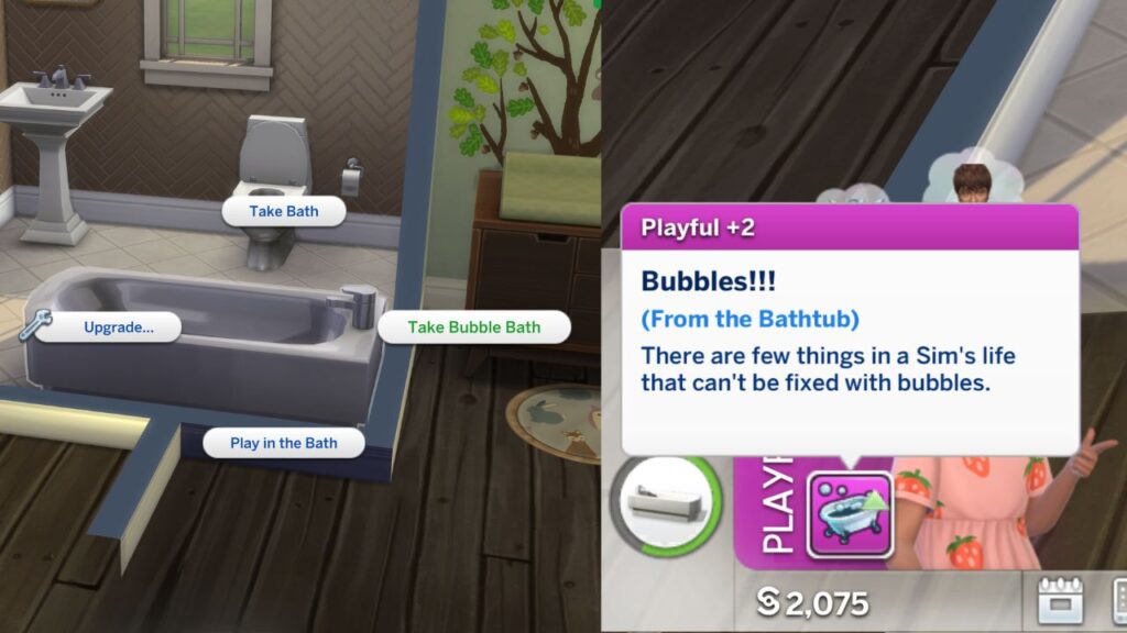 A screenshot from The Sims 4 showing how a sim can become playful in a bath tub