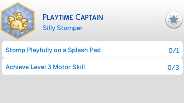A screenshot from The Sims 4 showing the first stage of the playtime captain aspiration
