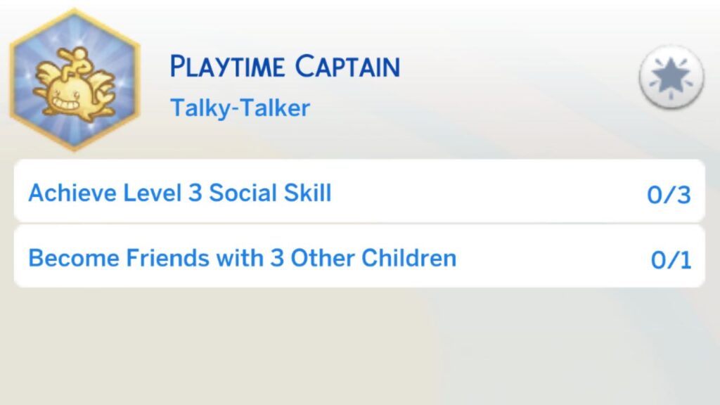 A screenshot from The Sims 4 showing the second stage of the playtime captain aspiration
