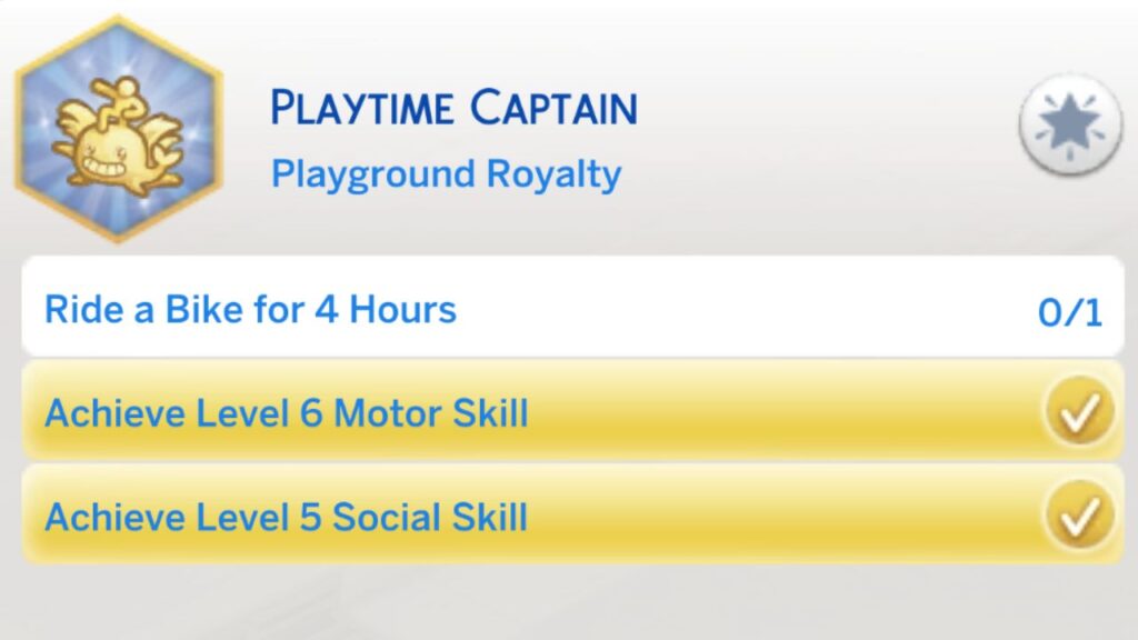 A screenshot from The Sims 4 showing the third stage of the playtime captain aspiration