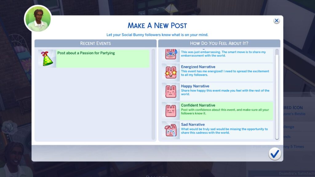 A screenshot from The Sims 4 showing how to make a new post on social bunny