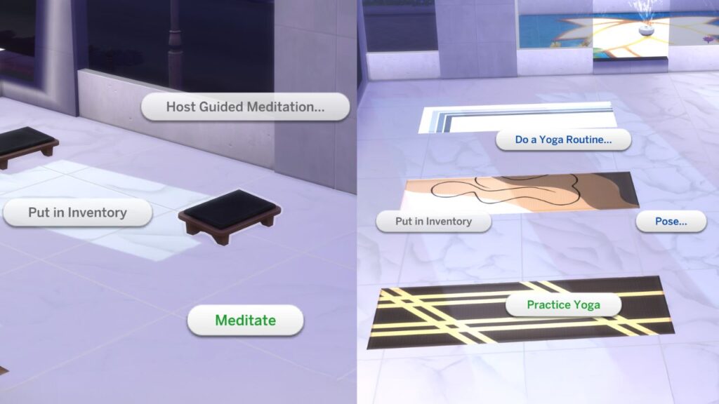A screenshot from The Sims 4 showing the option to practice yoga and meditate 