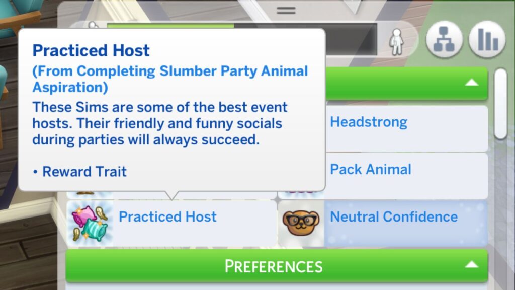 A screenshot from The Sims 4 showing the practiced host aspiration reward trait