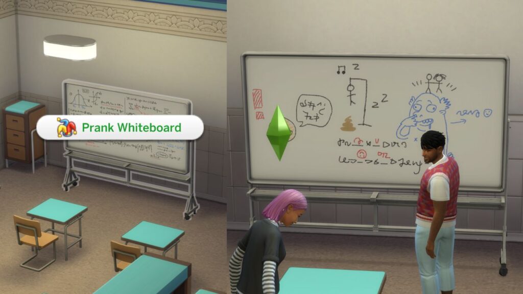 A screenshot from The Sims 4 showing how a sim can prank a whiteboard and the drawings that appear when you do