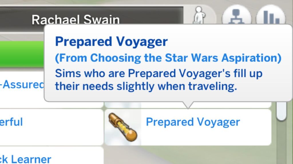 A screenshot from The Sims 4 showing the prepared voyager bonus trait from star wars aspirations