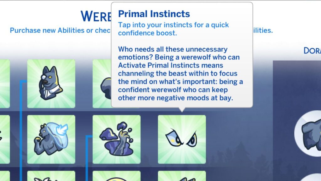 A screenshot from The Sims 4 showing the Primal Instincts werewolf perk