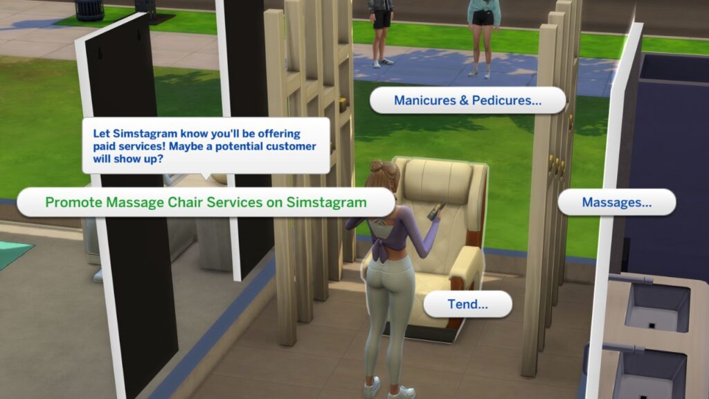 A screenshot from The Sims 4 showing how to promote your massage chair services 