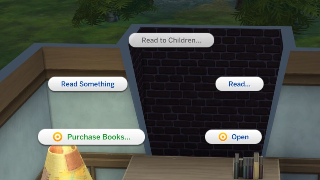 A screenshot from The Sims 4 showing how to purchase books on a bookcase