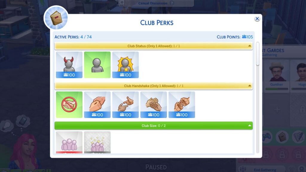 A screenshot from The Sims 4 showing the menu to purchase club perks