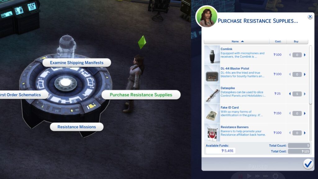 A screenshot from The Sims 4 showing how to purchase resistance supplies to get a dataspike