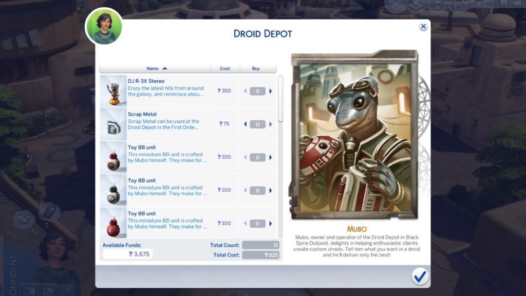 A screenshot from The Sims 4 showing the droid depot menu to buy scrap metal 