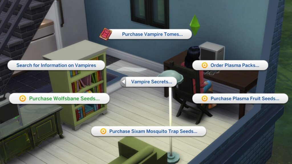 A screenshot from The Sims 4 showing the option to purchase wolfsbane seeds under vampire secrets on a computer 