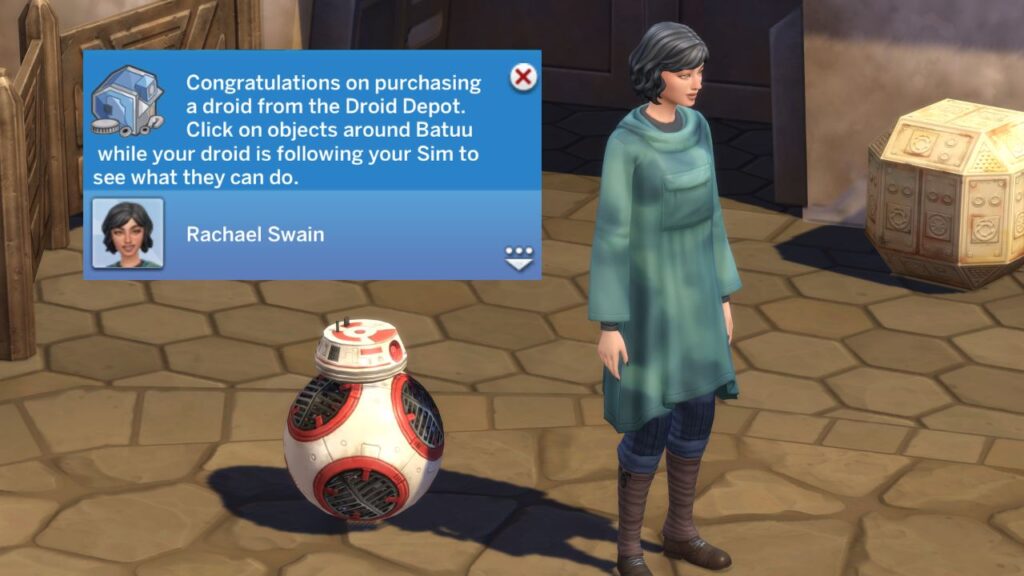 A screenshot from The Sims 4 showing a sim standing with their bb droid and the notification you get after purchasing one above the droid 