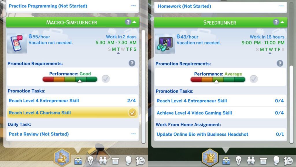 A screenshot from the sims 4 showing the tasks for getting to level 3 in both side hustles