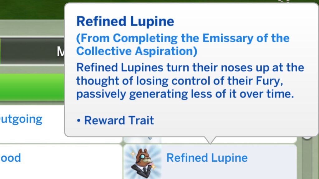 A screenshot from The Sims 4 showing the refined lupine reward trait from the emissary of the collective aspiration