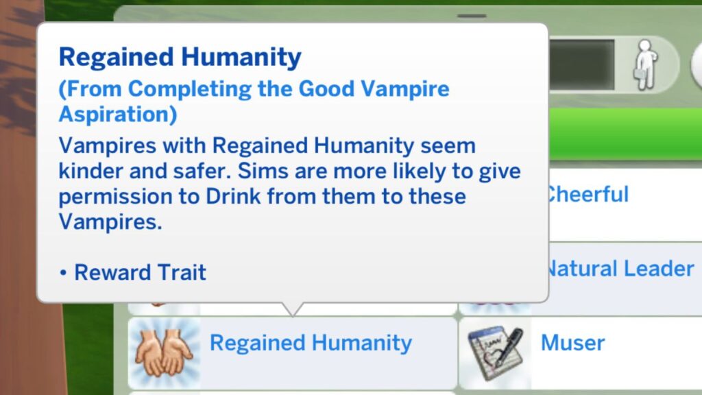 A screenshot from The Sims 4 showing the regained humanity reward trait from the good vampire aspiration 