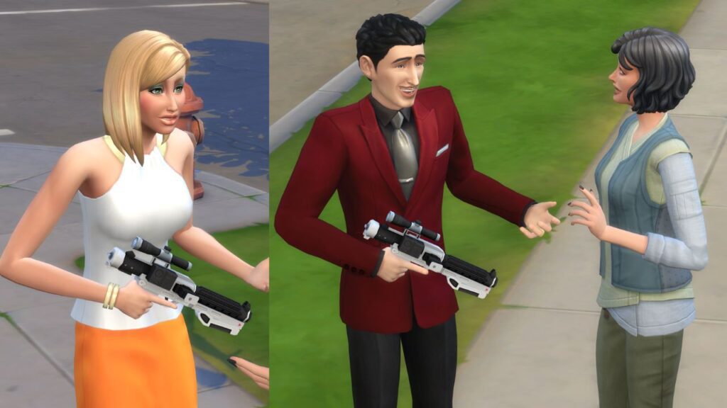 A screenshot from The Sims 4 showing Mortimer Goth and Nancy Landgraab joining the first order 