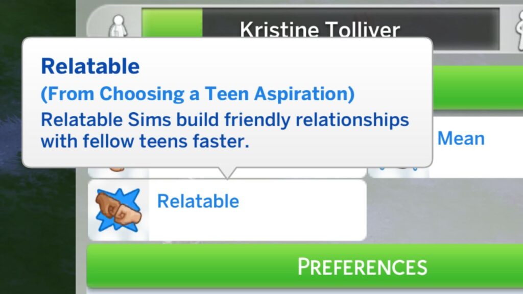 A screenshot from the sims 4 showing the relatable bonus trait