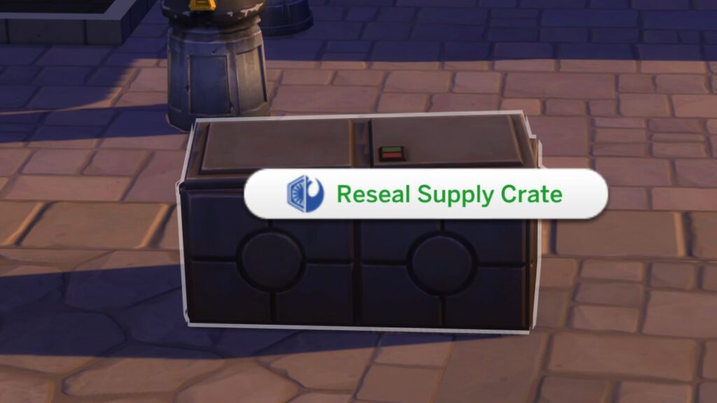 A screenshot from The Sims 4 showing the option to reseal supply crates in Batuu 